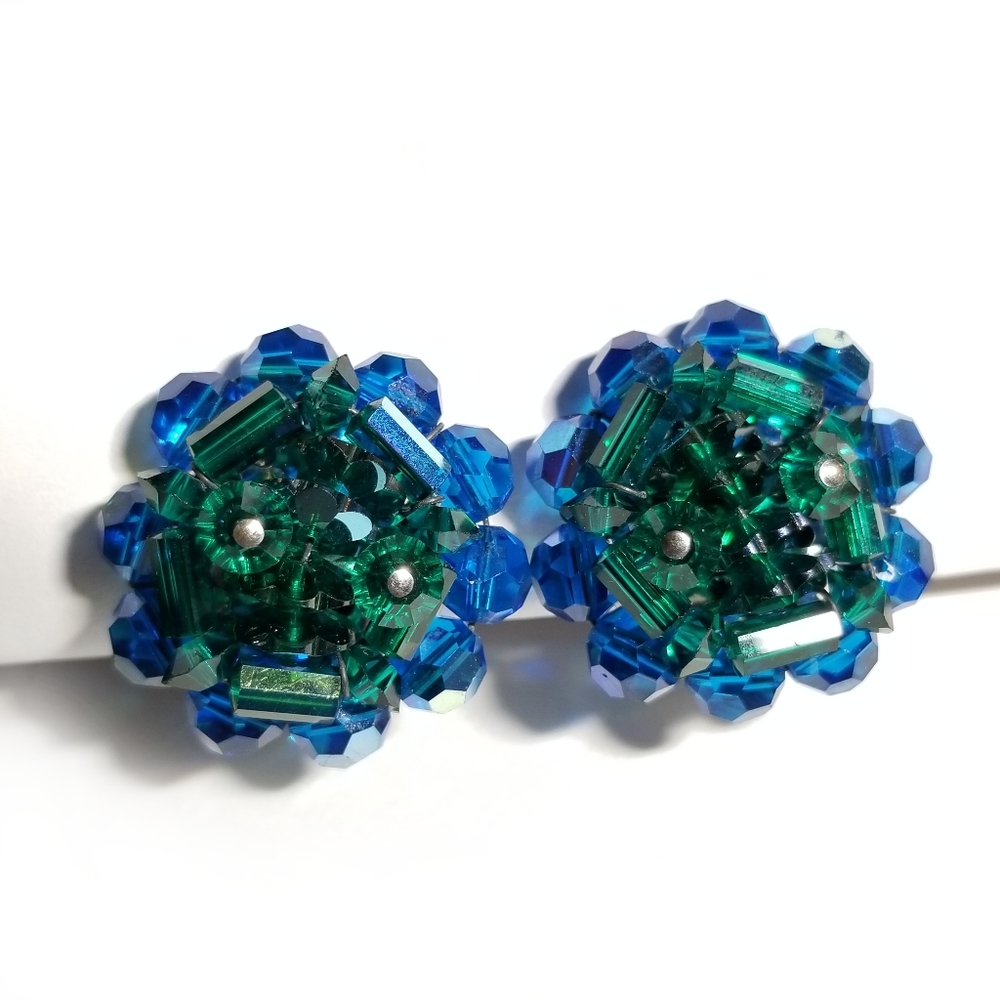 Vintage earrings blue and green crystal cluster clip back silver tone bead